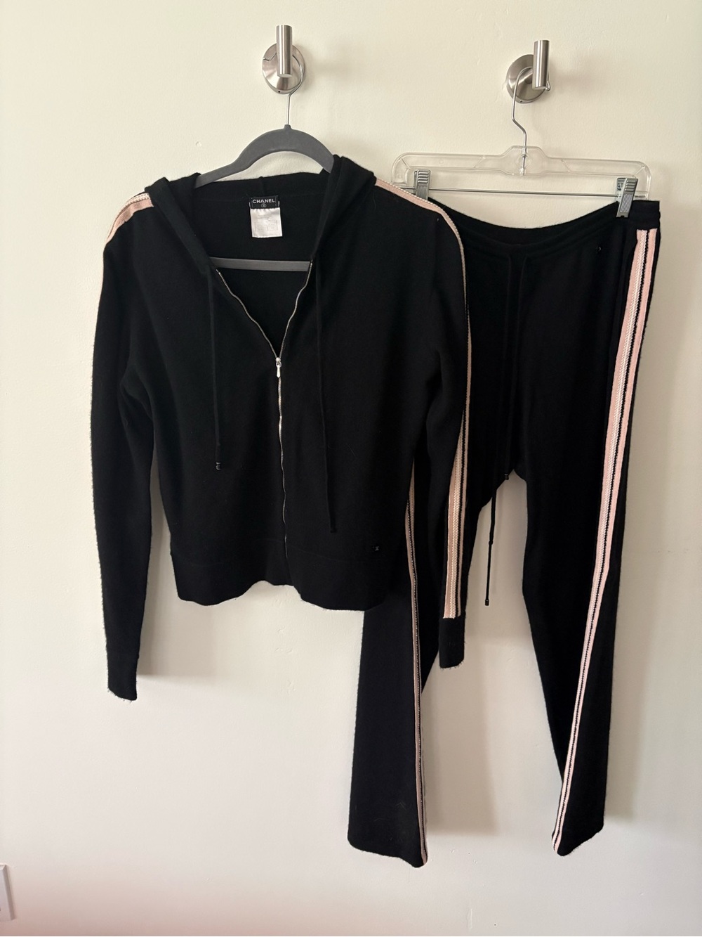 CHANEL Black Track Pants with Pink Side Stripes
